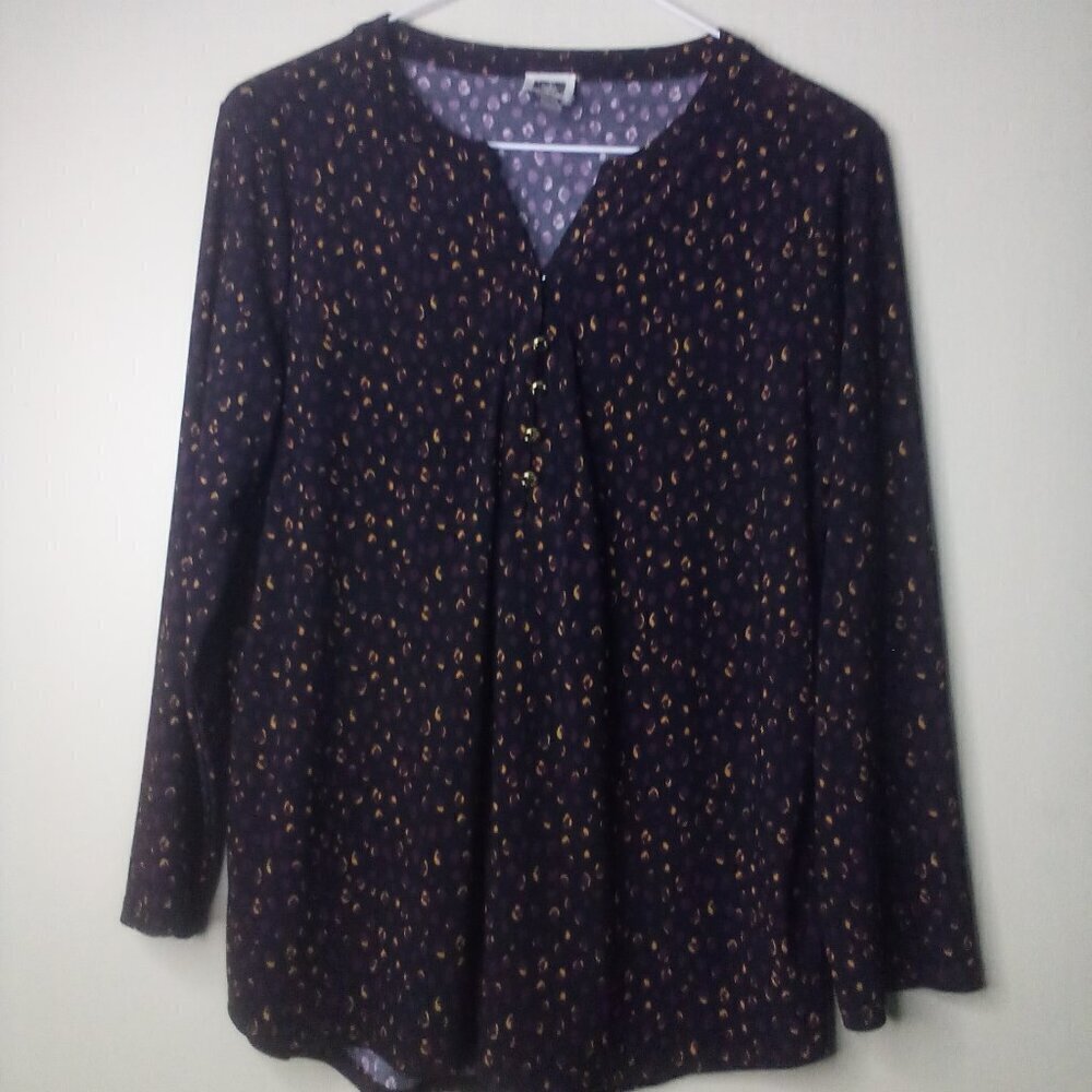 Anne Klein Shirt Blouse S Women Long Sleeve Soft Stretch Pattern Black Purple